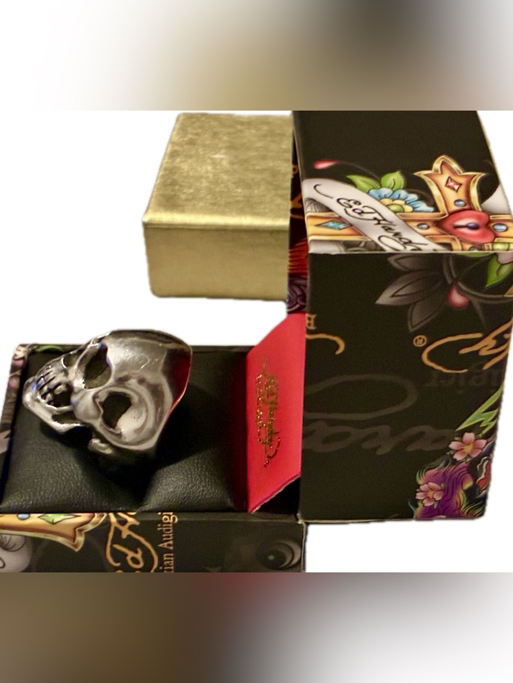 Ed Hardy Silver Skull Stainless Steel Ring with Heart Eye Cutouts - Picture 8 of 9